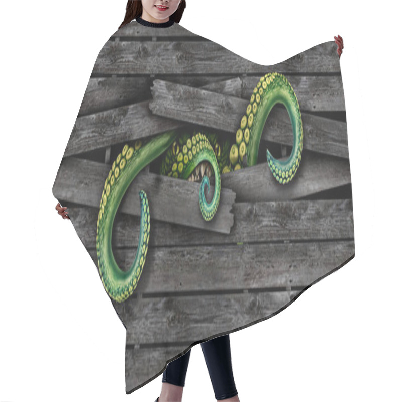 Personality  Scary Alien Monster Background And Creepy Horror Beast Or As Green Tentacles Breaking Out Of An Old Wood Fence As A Mutant Dangerous Creature Symbol In A 3D Illustration Style. Hair Cutting Cape