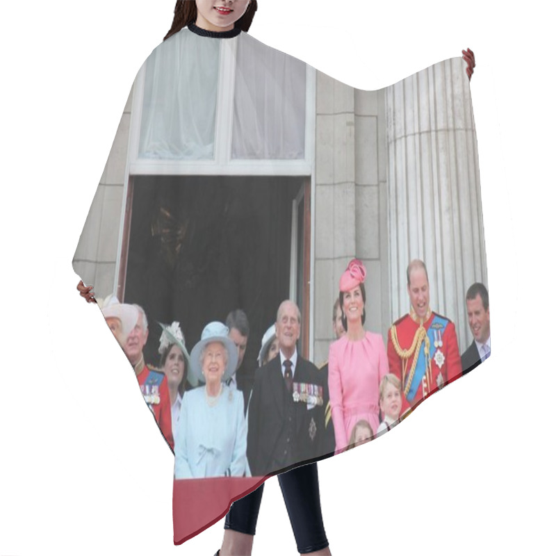 Personality  Queen Elizabeth & Royal Family, Buckingham Palace, London June 2017- Trooping The Colour Prince George William, Harry, Kate & Charlotte Balcony For Queen Elizabeth's Birthday Stock, Photo, Photograph, Image, Picture, Press,  Hair Cutting Cape