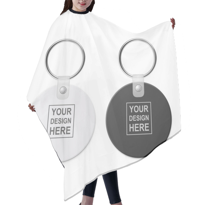 Personality  Vector 3d Realistic Blank White, Black Round Keychain With Ring And Chain For Key Set Isolated. Button Badge With Ring. Paper, Plastic, Metal ID Badge With Chains Key Holder, Design Template, Mockup Hair Cutting Cape