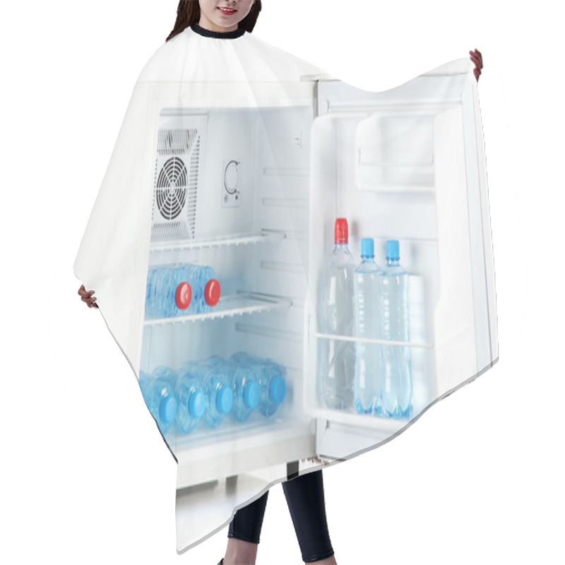 Personality  Mini Fridge Full Of Bottled Water Isolated On White Hair Cutting Cape