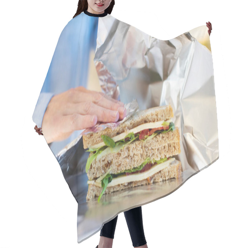 Personality  Close Up Of Woman Wrapping Sandwich In Non Reusable Aluminium Foil Hair Cutting Cape