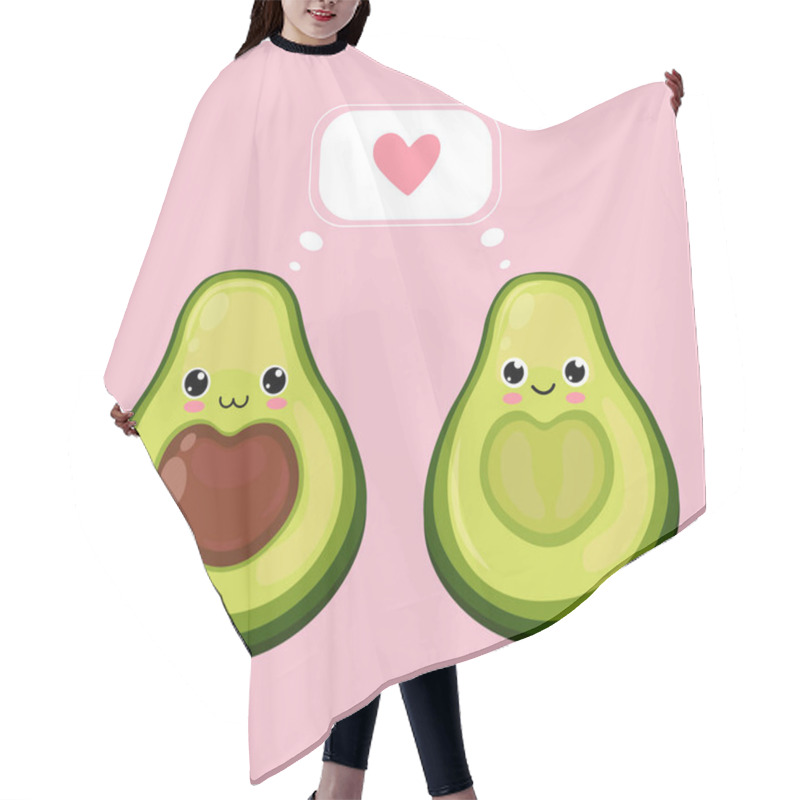 Personality  Happy Cute Smiling Avocado Couple In Love. Vector Flat Cartoon Character Illustration Icon.Isolated On Pink Background. Cute Avocado Character, Love Card Concept Hair Cutting Cape