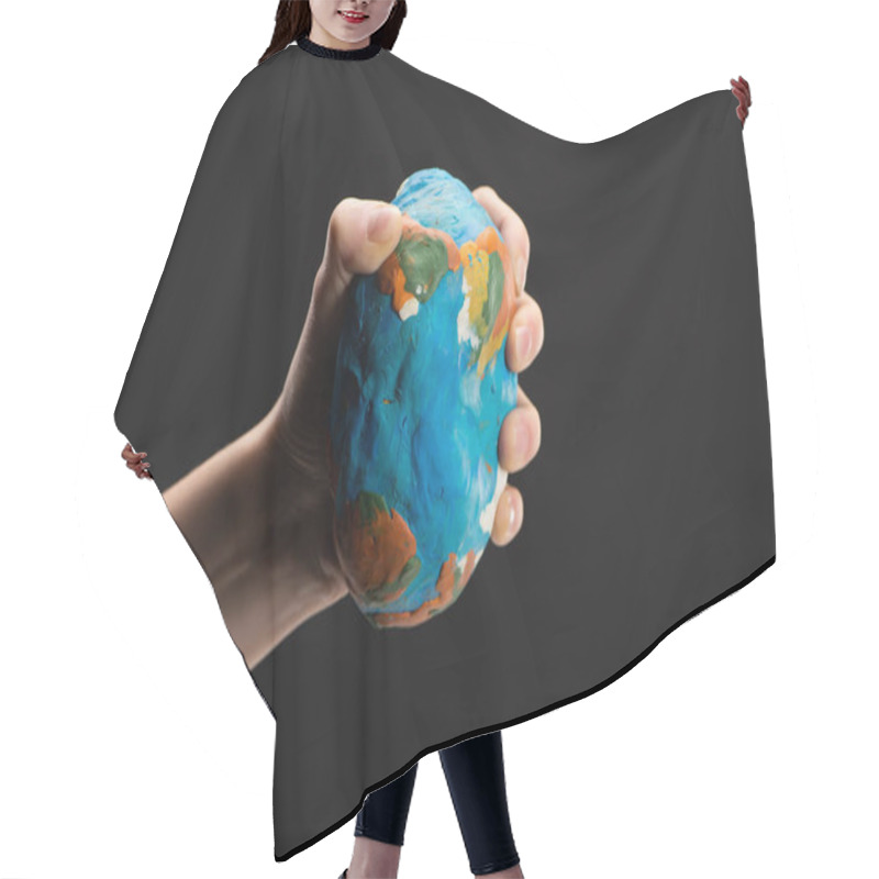 Personality  Partial View Of Woman Compressing Plasticine Globe In Hand Isolated On Black, Global Warming Concept Hair Cutting Cape