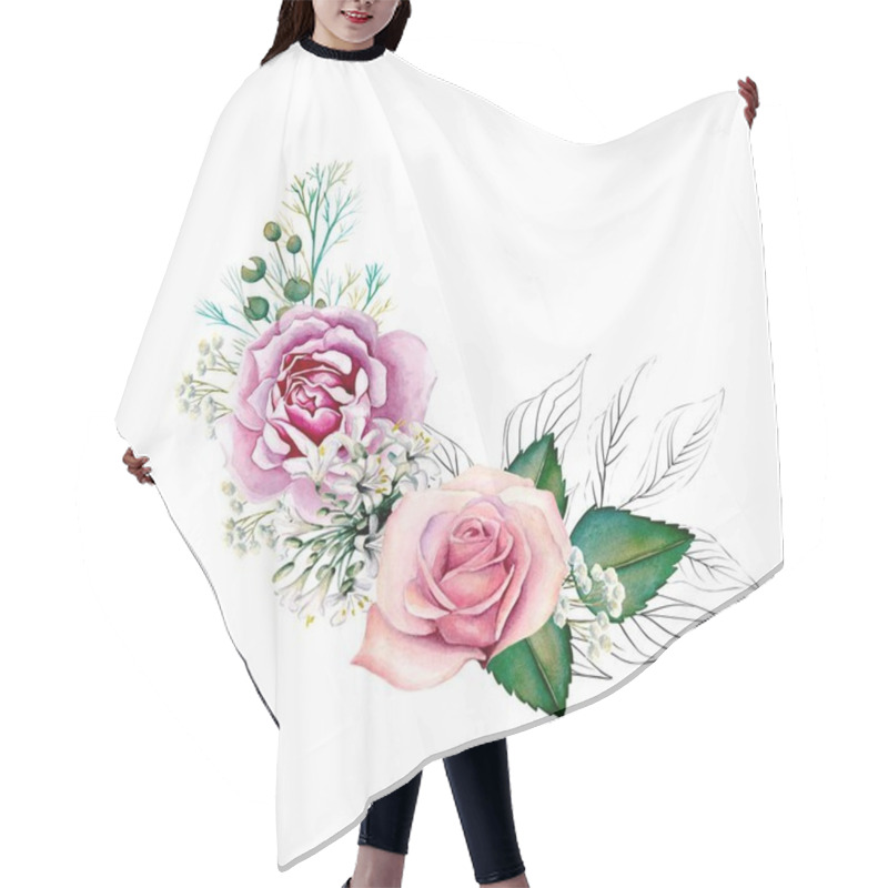 Personality  Watercolor Floral Bouquet, Composition, With Green Leaves, Pink Flowers. For Wedding Invitations, Wallpaper, Fashion. Rose, Magnolia, Green Leaves, Agapanthus. Illustrations On White Background Hair Cutting Cape