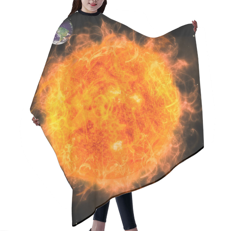 Personality  Real Earth Planet In Space. Red Fire Sun. Hair Cutting Cape