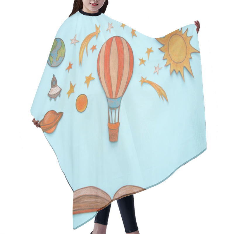 Personality  Hot Air Balloon, Space Elements Shapes Cut From Paper And Painted Over Wooden Blue Background Hair Cutting Cape