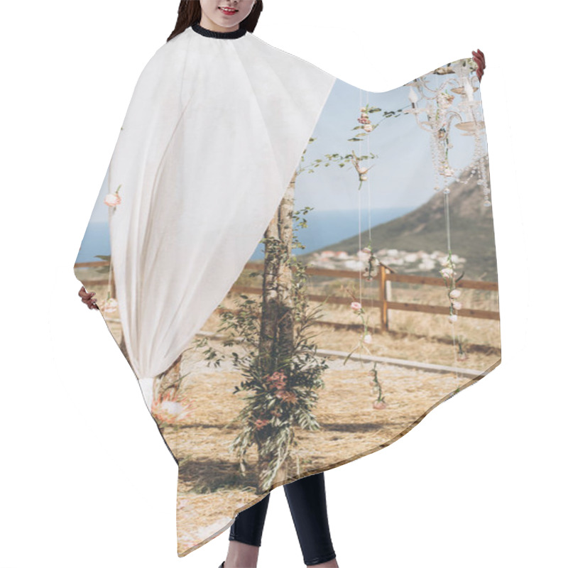 Personality  Arch Decorated With Lively Floristics On The Background Of The Sea. Boho Style Hair Cutting Cape