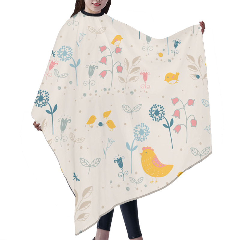 Personality  Summer Seamless Pattern With Birds, Chicks And Flowers. Hair Cutting Cape