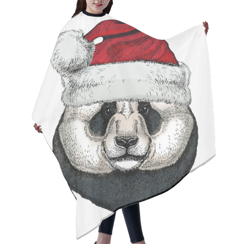 Personality  Panda, Bamboo Bear Portrait. Christmas Red Santa Claus Hat. Head Of Big Panda. Christmas Winter Animal. Hair Cutting Cape