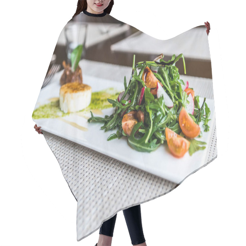 Personality  Healthy Vegetable Summer Salad, Fresh Vegetables And Dressing With Grilled Cheese Flambe Arranged On Plate Dinner Table Hair Cutting Cape