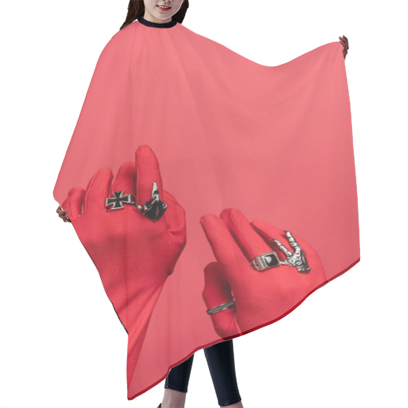 Personality  Partial View Of Female Hands In Gloves With Rings Isolated On Red Hair Cutting Cape