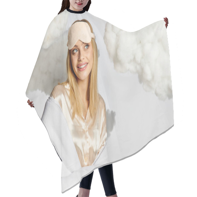 Personality  Attractive Dreamy Woman Covered In A White Blanket Surrounded By Fluffy Clouds. Hair Cutting Cape