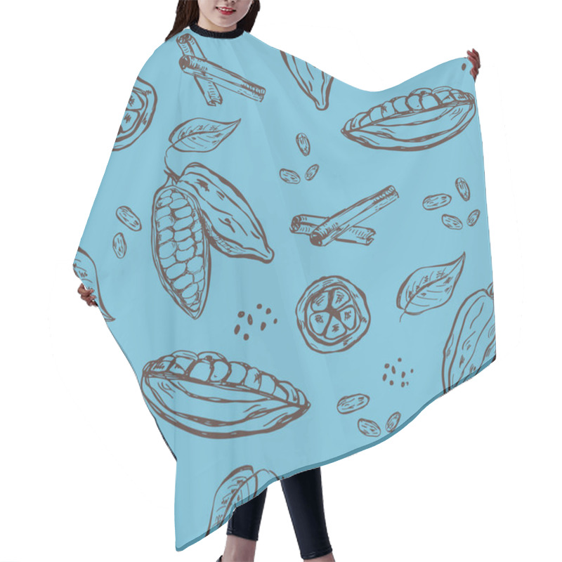 Personality  Pattern With Hand Drawn Elements. Cocoa Pods, Beans And Leaves On Blue Background Hair Cutting Cape