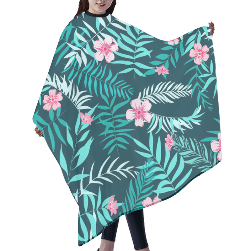 Personality  Seamless Tropical Leaves And Pink Flowers. Tropical Background. Print For Web, Fabric And Wrapping Paper. Hair Cutting Cape