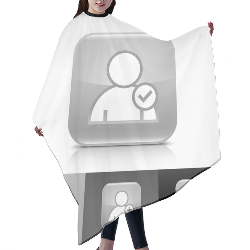 Personality  Gray Glossy Web Button With White User Profile Sign. Rounded Square Shape Icon With Reflection, Shadow On White, Gray, Black Backgrounds With Check Mark Glyph. Hair Cutting Cape