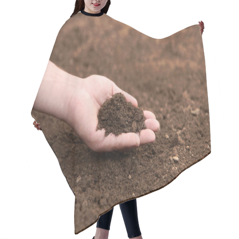 Personality  Woman Holding Pile Of Soil Outdoors, Closeup. Space For Text Hair Cutting Cape