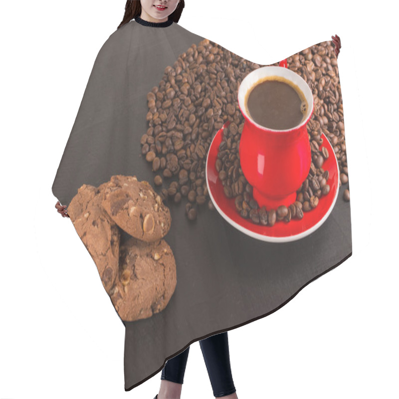 Personality  Good Morning Or Have A Nice Day Message Concept - Bright Red Cup Of Frothy Coffee With Chocolate Cookies, Coffee Beans Hair Cutting Cape