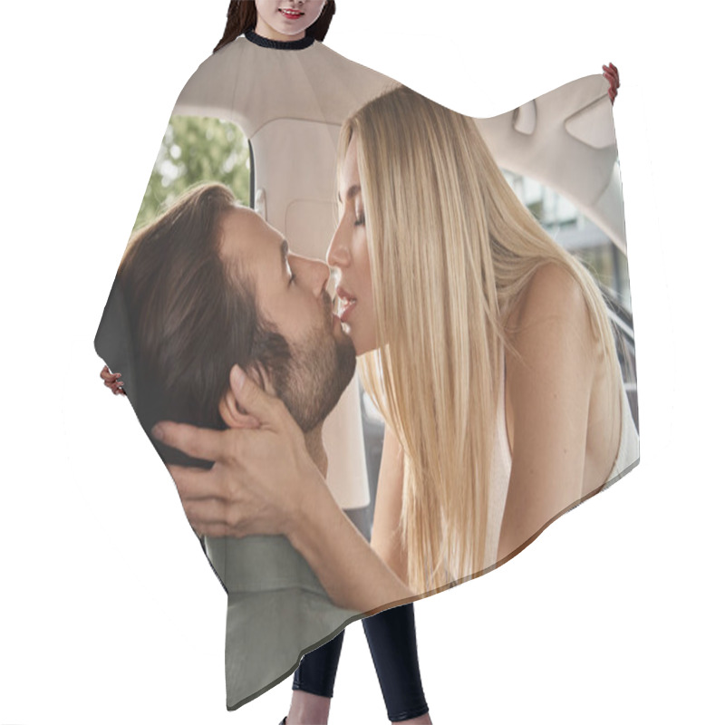 Personality  Attractive Blonde Woman With Closed Eyes Kissing Man On Drivers Seat In Modern Car, Love Affair Hair Cutting Cape