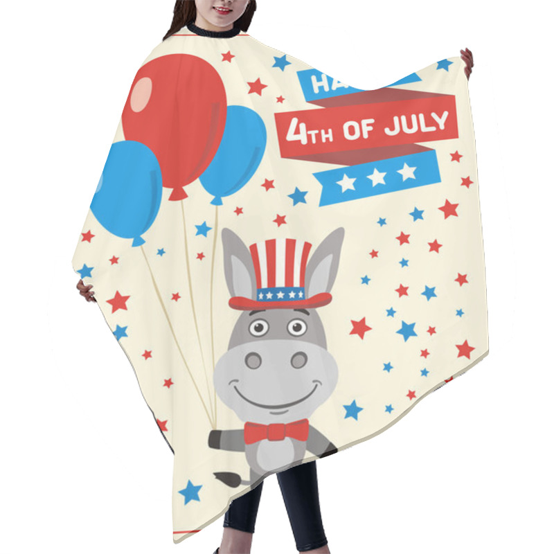 Personality  American Independence Day Greeting Card With Cute Funny Cartoon Character Of Happy Donkey Holding Balloons Near Text Fourth Of July Hair Cutting Cape