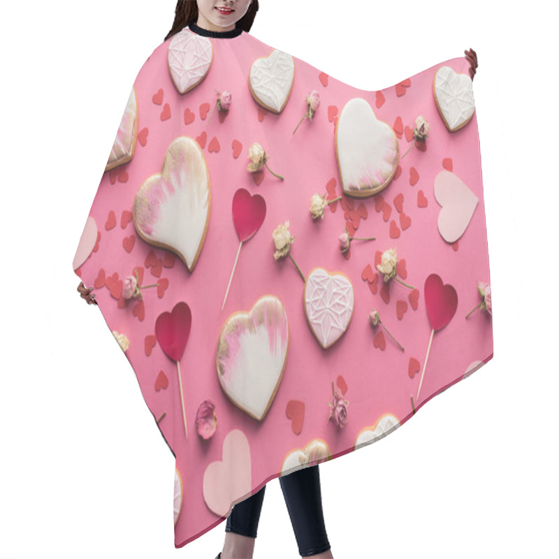 Personality  Flat Lay With Heart Shaped Cookies, Decorative Flowers And Paper Hearts Isolated On Pink, St Valentines Day Concept Hair Cutting Cape