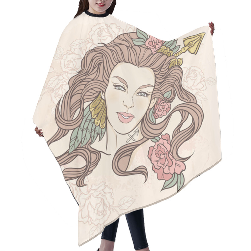 Personality  Zodiac. Vector Illustration Of Sagittarius As Girl With Flowers. Hair Cutting Cape