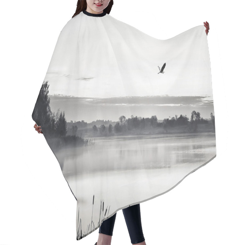 Personality  The Morning Landscape With Sunrise Over Water In The Fog. Black  Hair Cutting Cape