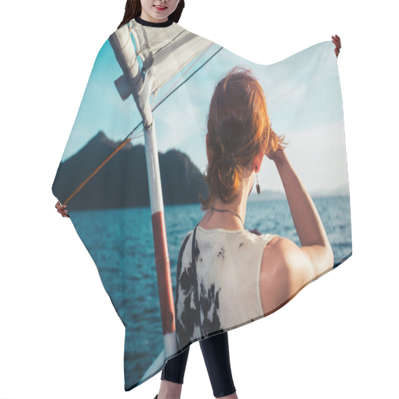 Personality  Woman On Boat Approaching Tropical Island Hair Cutting Cape