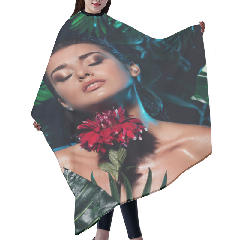 Personality  Young Sexy Woman Holding Red Blooming Flower Near Green Leaves  Hair Cutting Cape