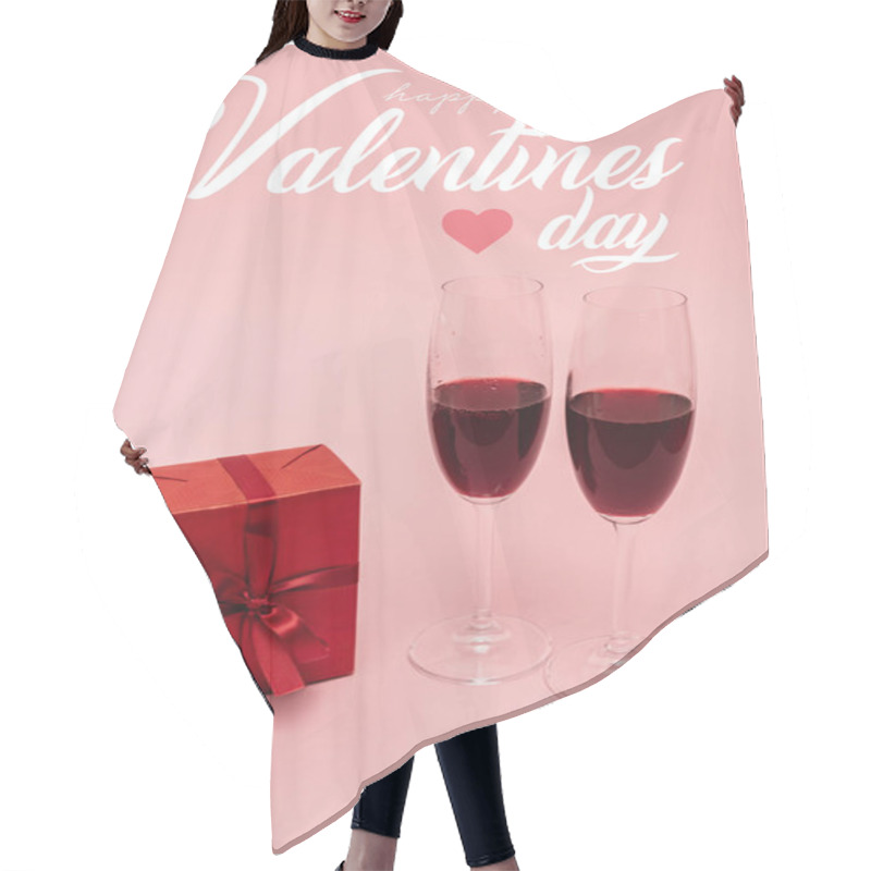 Personality  Red Wine In Glasses Near Gift And Happy Valentines Day Lettering On Pink Hair Cutting Cape