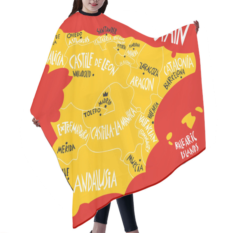 Personality  Vector Hand Drawn Stylized Map Of Spain Kingdom. Travel Illustration Of Spain Provinces And Cities. Hand Drawn Lettering Illustration. Europe Map Element Hair Cutting Cape