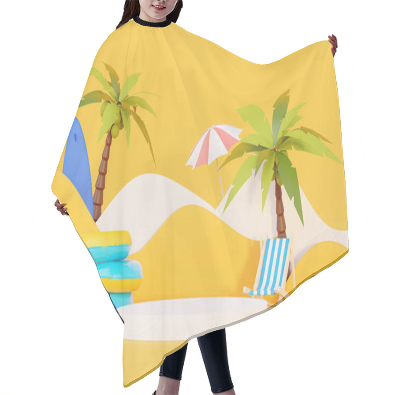 Personality  Summer Vacation Beach Abstract Background Concept, Minimal Realistic Display Podium For Product Mock-up Or Cosmetics With Summer Theme, Beach Umbrella, Sand, Chairs, Inflatable Ring. 3d Rendering Hair Cutting Cape