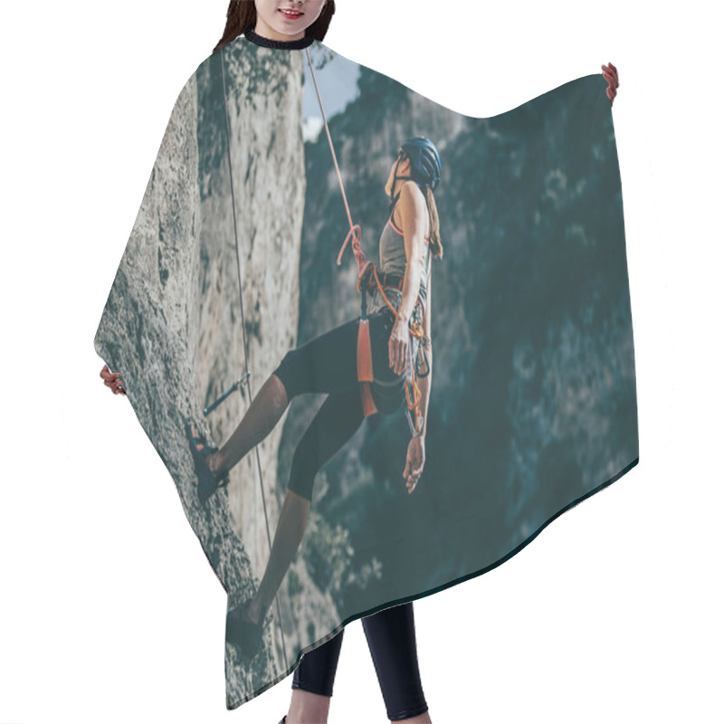 Personality  Woman Descending A Cliff After A Hard Climb Route Hair Cutting Cape