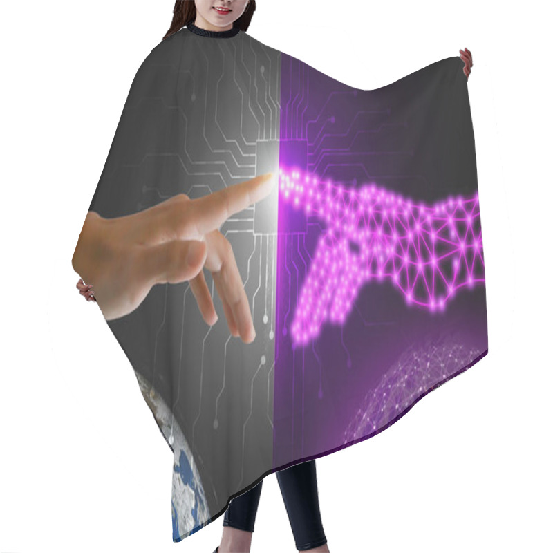 Personality  Digital Twins Concept. A Finger Touches And Connects With Digital Finger To Activate Both The Physical And Digital Worlds With A Single Push. Business And Technology Simulation Modeling Hair Cutting Cape