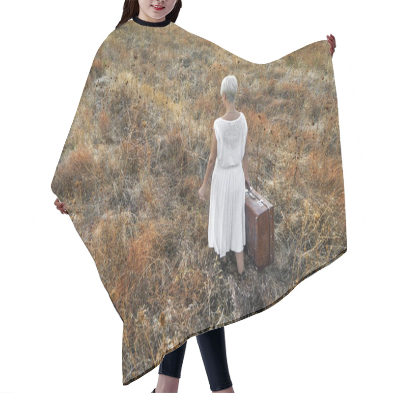 Personality  Lonely Woman With A Suitcase Walking In The Field An Autumn Day. Hair Cutting Cape