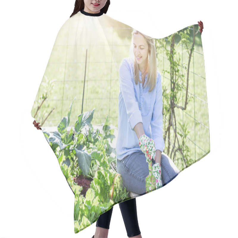 Personality  Smiling Proud Woman With Garden Scoop Sitting On Own Wooden Raised Bed In Garden  Hair Cutting Cape