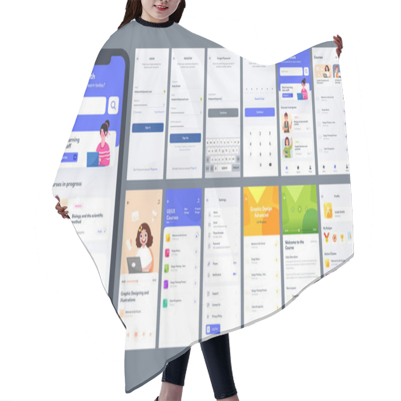 Personality  Online Learning Mobile App UI Kit With Different GUI Layout Including Log In, Create Account, Course Information Screen. Hair Cutting Cape
