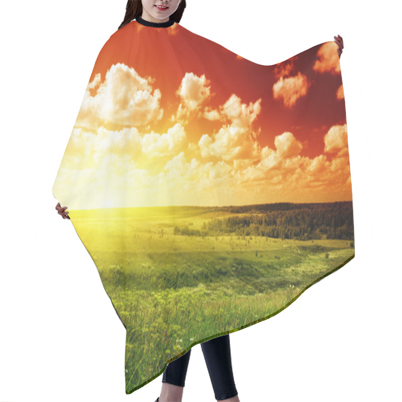 Personality  Summer Landscape Field Of Green Grass And Sunset Hair Cutting Cape