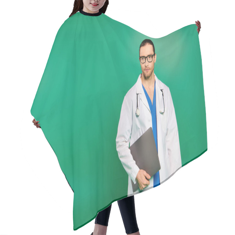 Personality  A Handsome Male Doctor In A White Coat Holds A Folder. Hair Cutting Cape