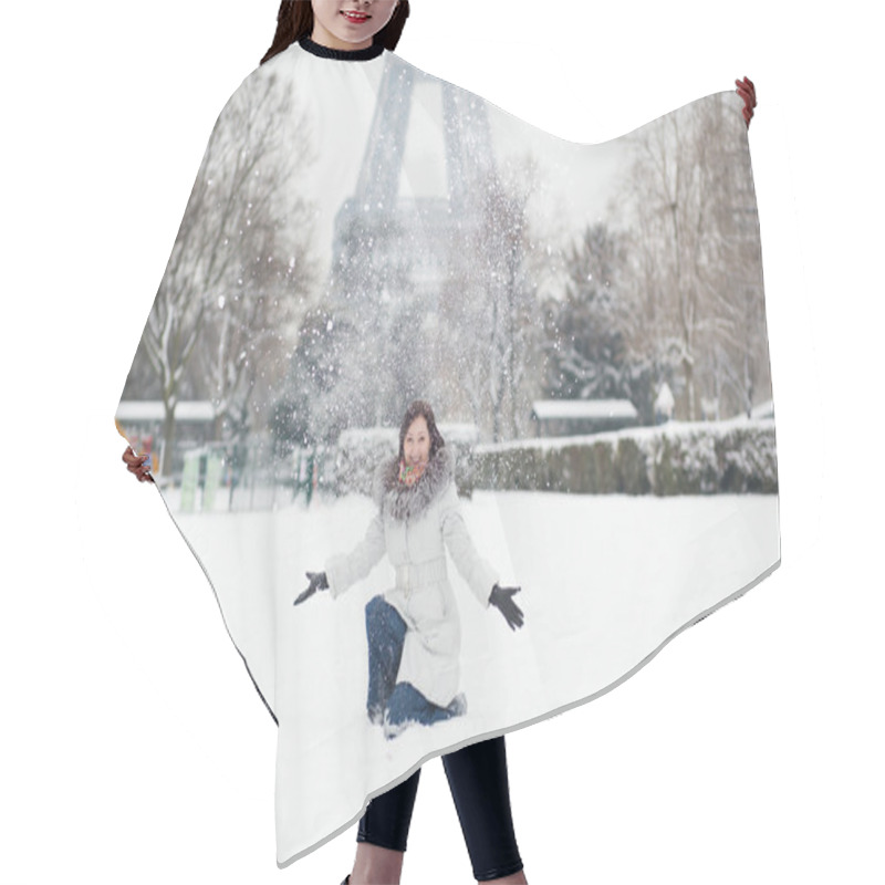 Personality  Cheerful Young Girl Enjoying Winter Day In Paris Hair Cutting Cape