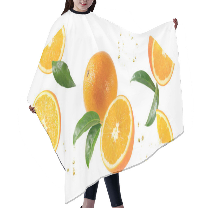 Personality  Fresh Orange Fruit Whole And Slices With Leaves  And Drops Falling Flying Isolated On White Background. Fruits Banner. Hair Cutting Cape