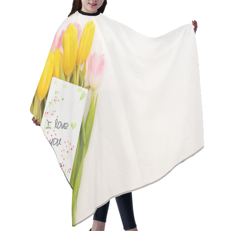 Personality  Top View Of Card With I Love You Spring Lettering On Bouquet Of Tulips On White Background Hair Cutting Cape