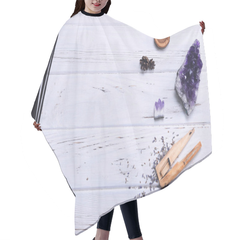 Personality  Composition Of Esoteric Objects Used For Healing, Meditation, Relaxation And Purifying. Amethyst Stones, Palo Santo Wood, Aromatic Sticks On White Background.  Hair Cutting Cape