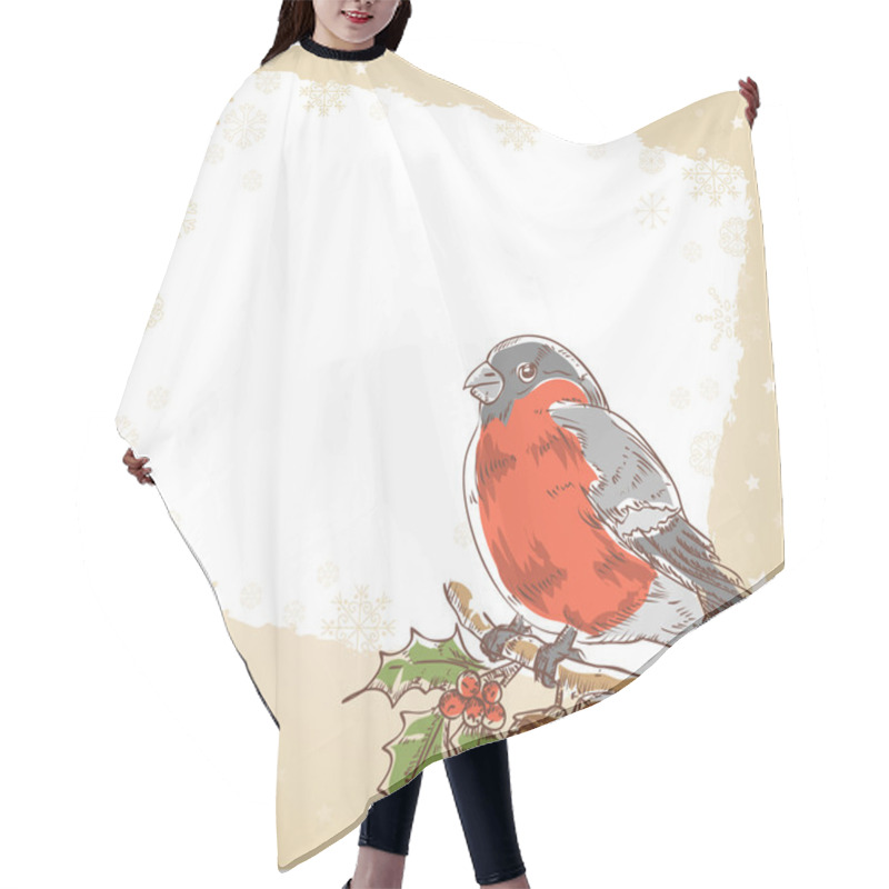 Personality  Christmas Hand Drawn Retro Postcard With Bullfinch Bird Hair Cutting Cape