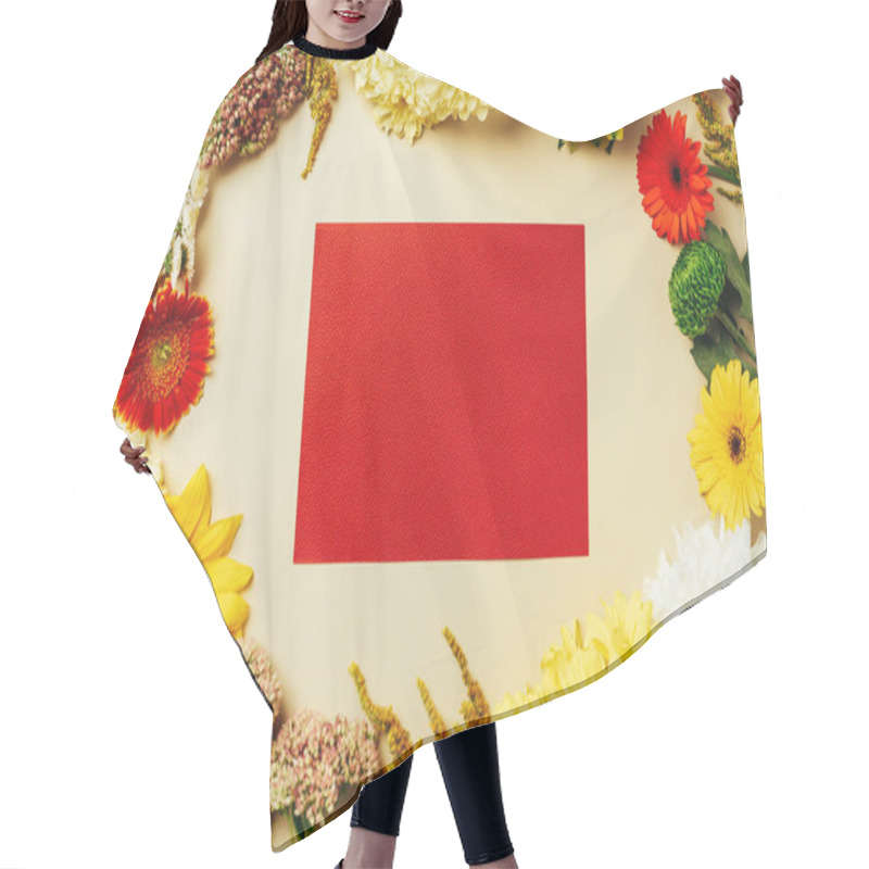 Personality  Flat Lay With Various Beautiful Flowers And Blank Red Card On Beige Background Hair Cutting Cape