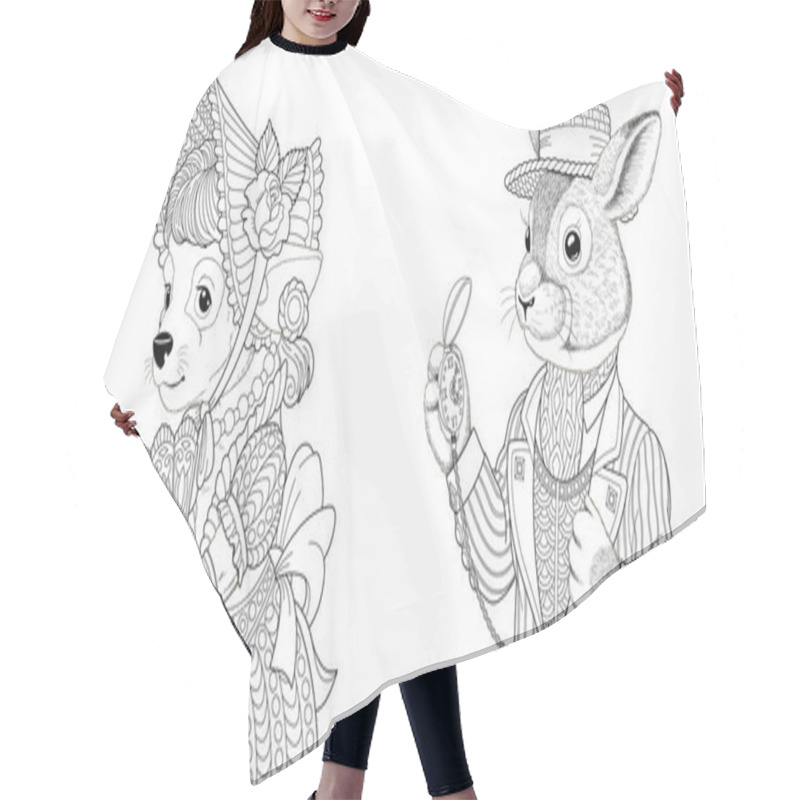 Personality  Coloring Page. Dog Girl And Rabbit Man. Line Art Drawing For Adult Or Kids Coloring Book In Zentangle Style. Vector Illustration. Hair Cutting Cape