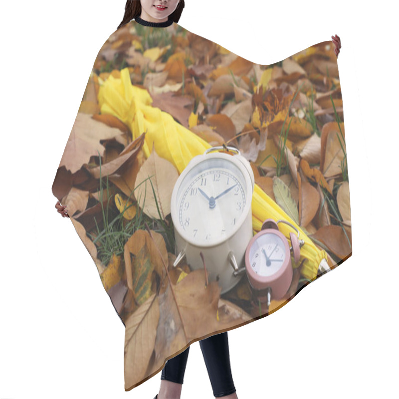 Personality  Alarm Clocks And Yellow Umbrella On Dry Leaves In Park Hair Cutting Cape