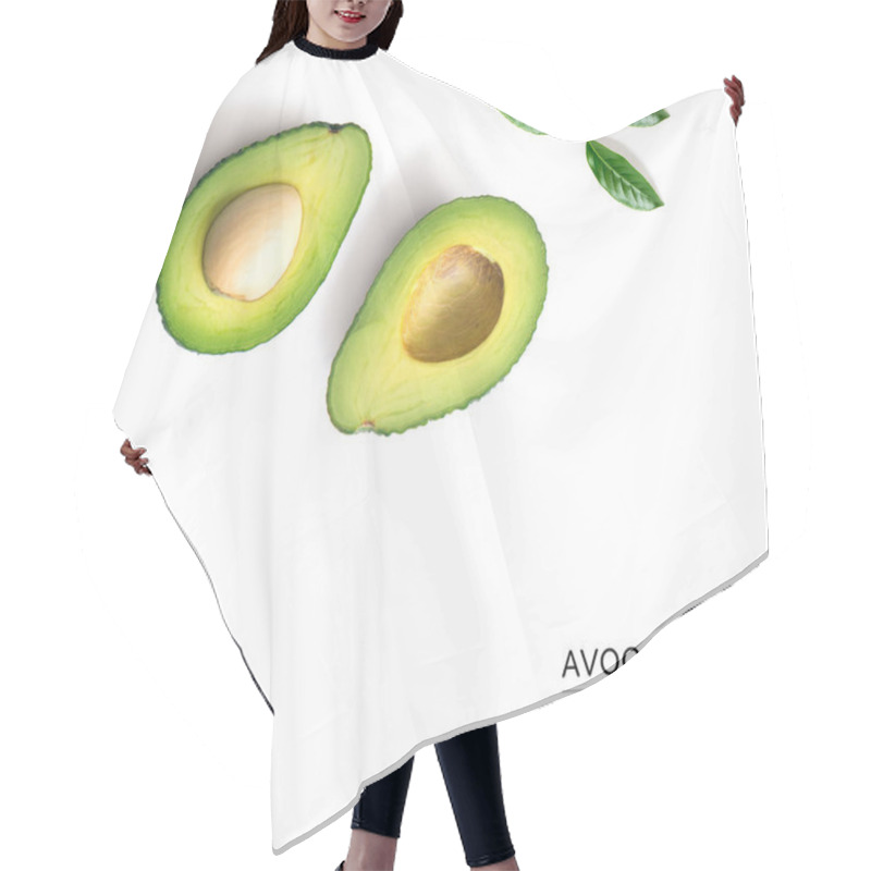 Personality  Creative Layout Made Of Avocado And Leaves. Flat Lay. Food Concept. Avocado On White Background. Hair Cutting Cape