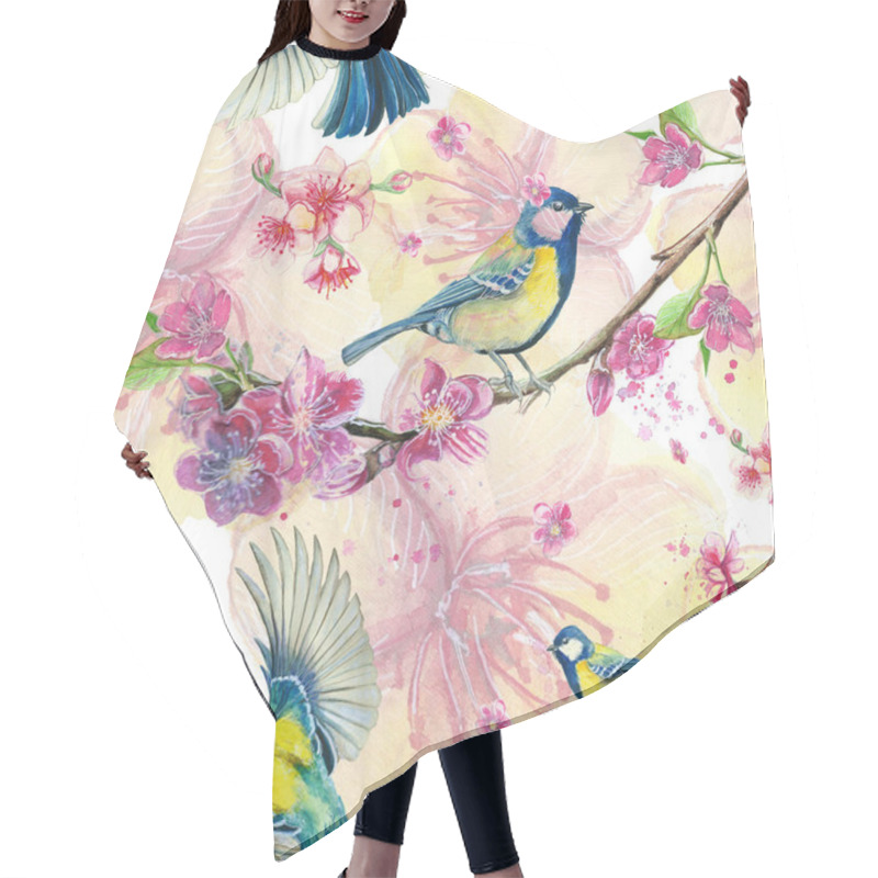 Personality  Watercolor Drawing Seamless Pattern On The Theme Of Spring, Heat, Illustration Of A Bird Of A Troop Of Passerine-shaped Large Tits Flying, With Open Wings, Feathers, With Yellow Breast And Blue Plumage, Hyperrealism, With Flowering Sakura Branches, P Hair Cutting Cape