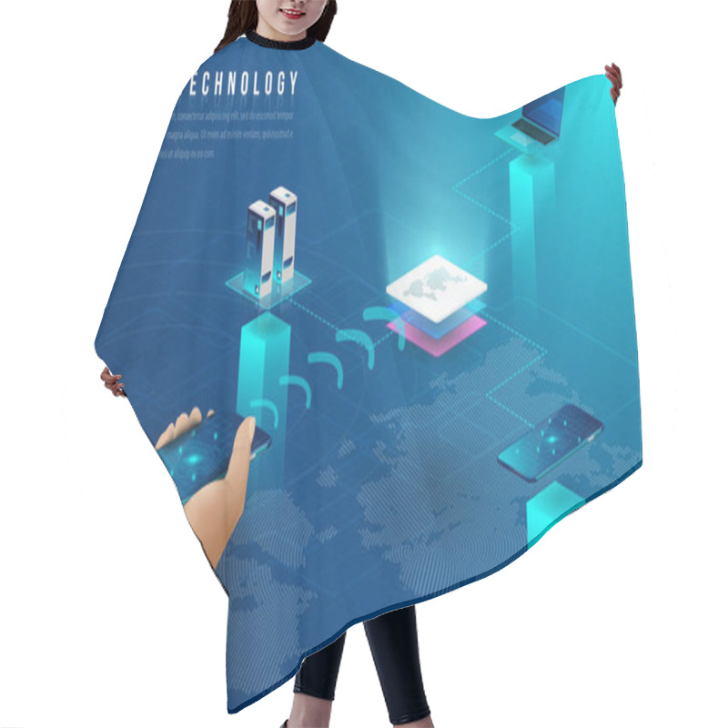 Personality  Concept Of Big Data Processing, Energy Station Of Future, Data Center, Cryptocurrency And Blockchain Isometric Composition Smart Object And Smart Technology Design. For Working On Blockchain Start Up. Hair Cutting Cape