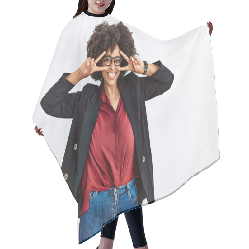 Personality  African American Woman With Afro Hair Wearing Business Jacket And Glasses Doing Peace Symbol With Fingers Over Face, Smiling Cheerful Showing Victory  Hair Cutting Cape